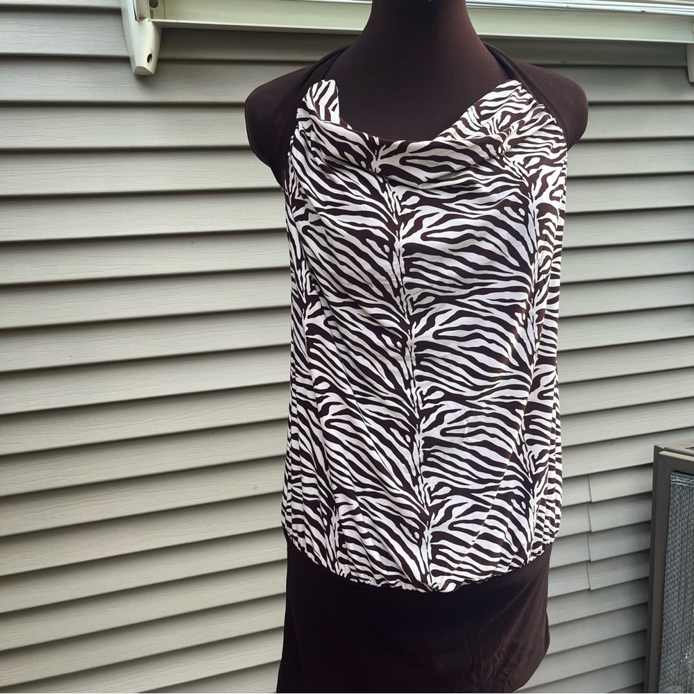 EUC Cefian zebra print stretch halter top - white & brown